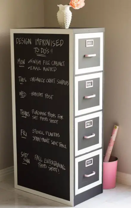 Chalkboard Paint File Cabinet Makeover for craft storage or whatever else.. I think this is what I want to do with the filing cabinet sitting in our garage!: 
