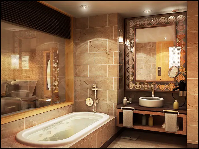 Un cuarto de baño decoración fabulosa creado con tonos cremosos que sirven como base.