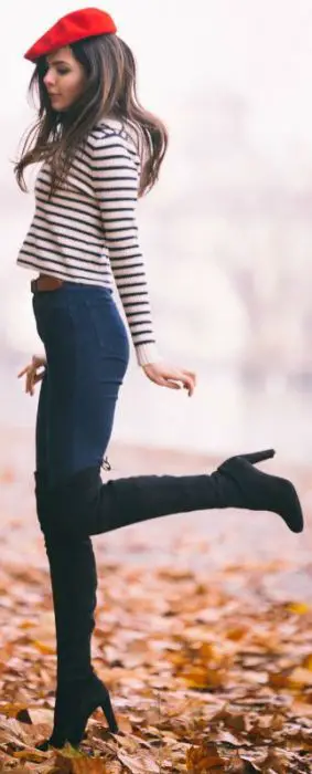 Thigh high boots + high waisted denim jeans + beret + Doina Ciobanu + cute winter look. Outfit: Net-a-porter.: 