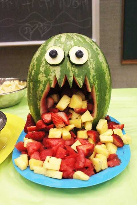 Watermelon monster Fruit Salad for Halloween party. Pick up everything for Halloween this year with the SmartShopper Grocery List maker. www.smartshopperusa.com: 
