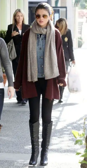 Selena-Gomez-Street-Style-Boots-Scarf-Winter-Look: 