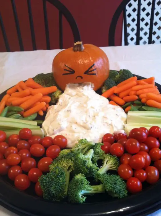 I made this for a Mary Kay party...pumpkin is about f5 inches round..only cut out mouth...drew on eyes and nose with marker...dip is just vegi dip... EVERYONE LOVED IT!: 