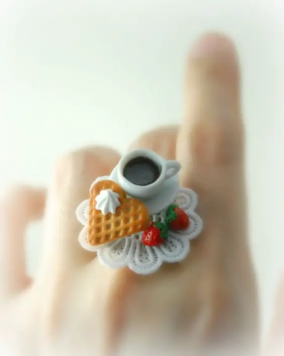 Love Waffle and Hot Cocoa Ring. Food Jewelry. Handmade Miniature Food Scene Jewelry in Polymer Clay.. .00, via Etsy.: 