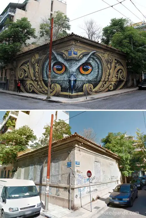 El conocimiento habla - La sabiduría escucha, arte de la calle en Atenas, Grecia