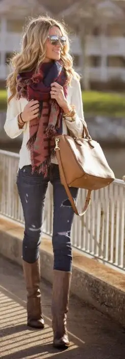 Ladder Fringe Scarf with Vented Cable-Knit Pullover and Toothpick jeans in destructed, Brown long leather booties. Fall fashion trends 2015.: 
