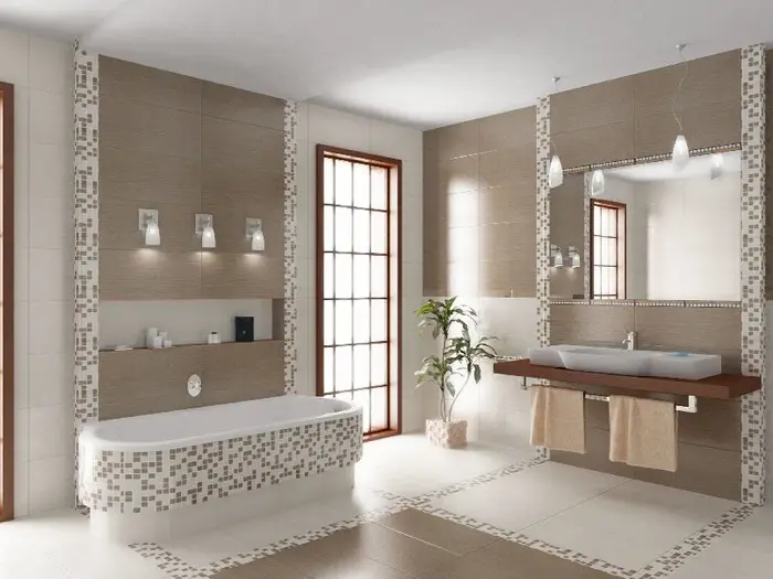 Excelente interior se crea a través de baños de embellecimiento pequeñas y muy bellos azulejos.