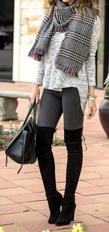 Striped Scarf // Grey Sweater // Skinyn Jeans // Black Knee Length Boots // Leather Tote Bag: 