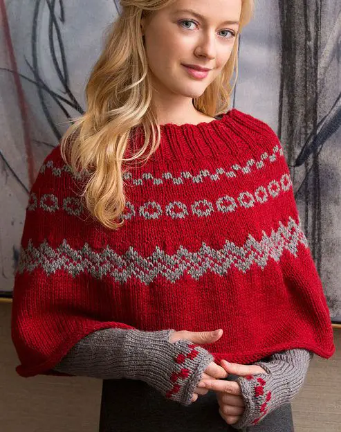 Free Knitting Pattern for Fair Isle Poncho and Arm Warmers - Matching set of poncho and mitts by Diane Moyer: 