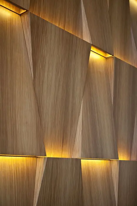 El diseño óptimo de la pared de madera con un tipo interesante de la iluminación que resaltará cualquier interior.