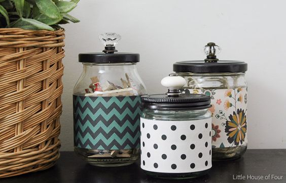 Turn ordinary recycled glass jars into the perfect stylish storage. ~ Littlehouseoffour.com: 