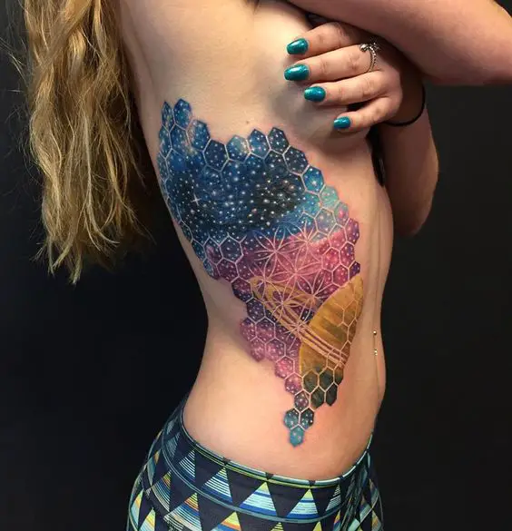 Geometric space tattoo including the planet Saturn by Nick Friederich. http://tattooideas247.com/saturn-space-tattoo/: 