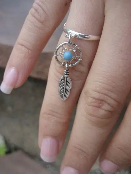 Tiny Dream Catcher Charm Ring- Silver Plated Turquoise Dreamcatcher Feather Adjustable Finger Jewelry: 
