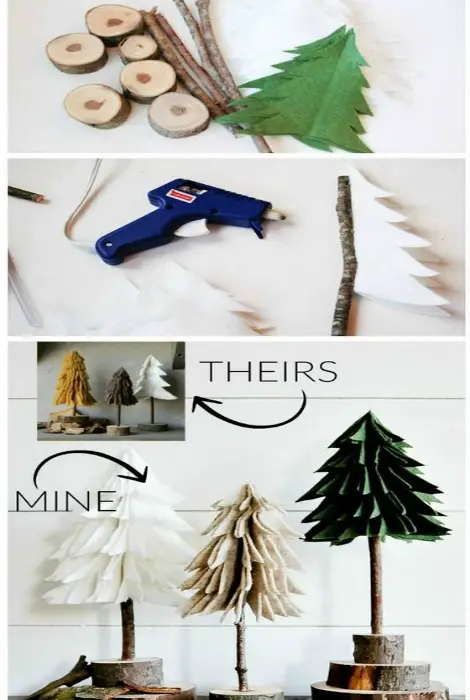 ideas de decoración para navidad Los árboles de Navidad con ramas y papel.