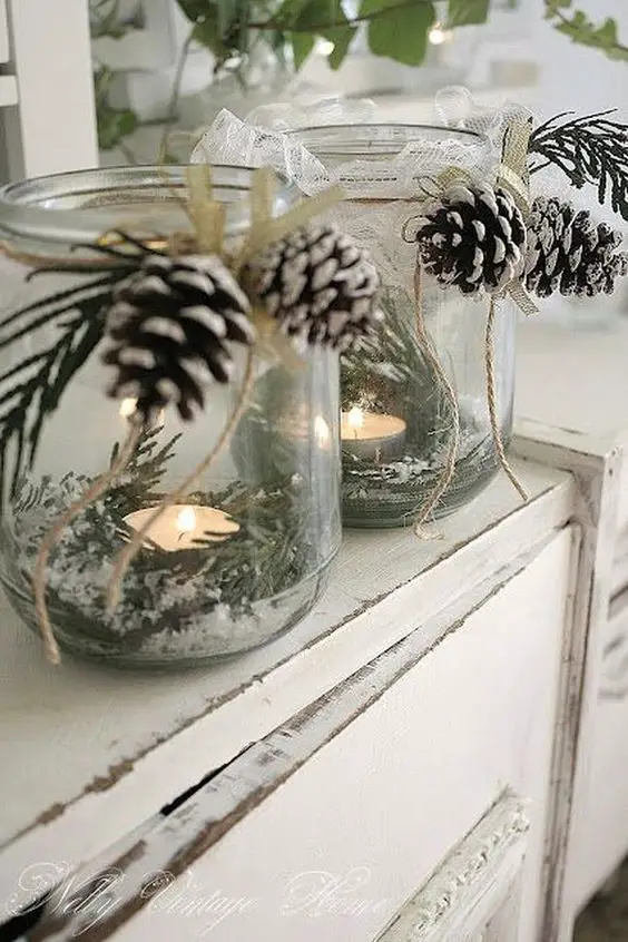 Glass Jar Candle Holders with Fake Snow, Greenery and Pinecones: 