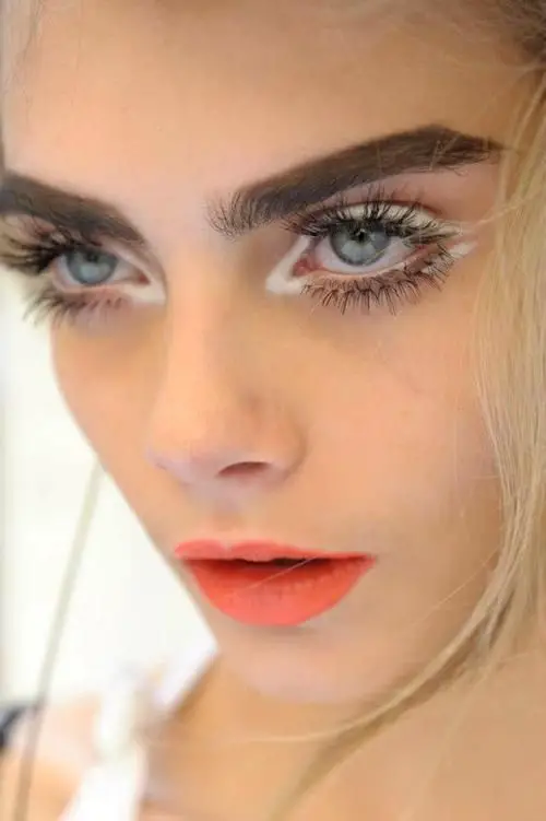long lashes, thick eye brows and white eye shadow: 