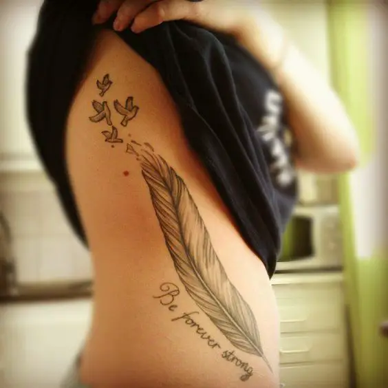 You may wonder why people choose to ink feather tattoos on their bodies. Feathers of different birds were rich in symbolic meanings in different cultures. A single fallen feather represents loss, birth, and luck.: 