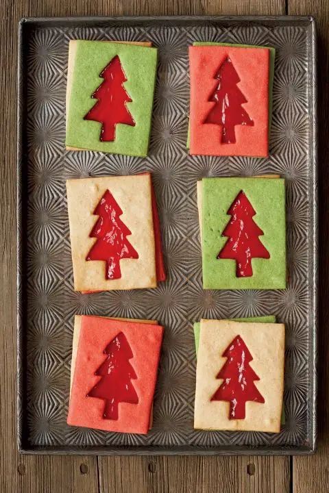 Christmas tree cookies are a traditional favorite. Prevent waste by using both the positive and negative shapes. For Linzer-Style Tree cookies, spread red currant, strawberry, or raspberry jelly or preserves on the bottom cookie so the color peeks through the top cookie's tree-shaped opening (Smucker's jelly or preserves are a good choice). Get the recipe. 