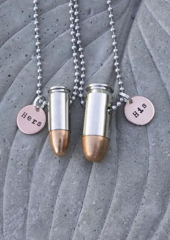 His and Hers Bullet Necklaces Hand Stamped 45 by BulletsAndWire, .00: 
