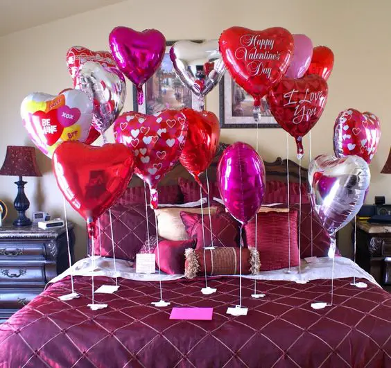 Bedroom, Charming Bedroom Valentines Day Decorations Ideas With Balloon Ornament And Purple Color For Bedroom Set Design: Gorgeous Bedroom Ornamenting for Valentine Day Ideas: 