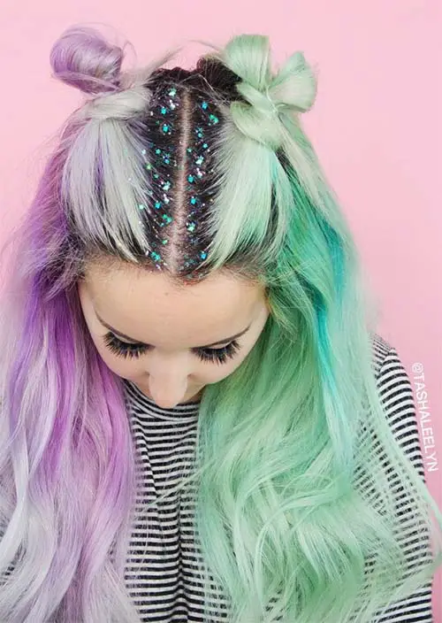 Glitter Peinados ideas: Dual bollo del pelo del brillo en colores pastel