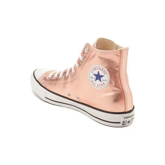 High Top Converse Rose Gold Blush Pink Metallic Glass Slippers... (285 BAM) ❤ liked on Polyvore featuring shoes, sneakers, converse sneakers, rose gold sneakers, rhinestone shoes, metallic sneakers and converse trainers: 