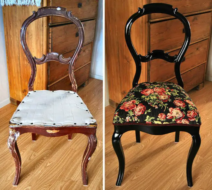 Thanks to the new paint and upholstery, the old threadbare chair has turned into a real design art object, which will really surprise guests and will always please the owners. 
