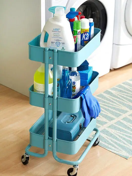 Convenient detergent storage trolley organizer that can be easily hidden next to the washer and unfolded only as needed. 