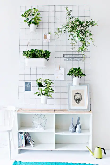 A regular old metal grill can become the original basis for a vertical mini-garden in which pots with indoor plants and flowers can be placed. 