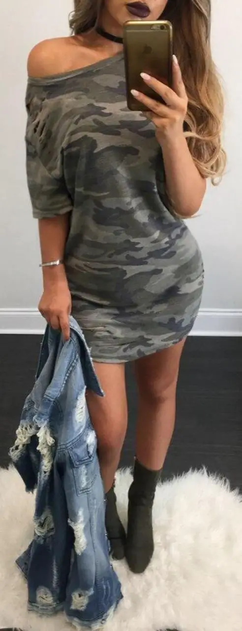 Camouflage Print One Shoulder Casual Dress