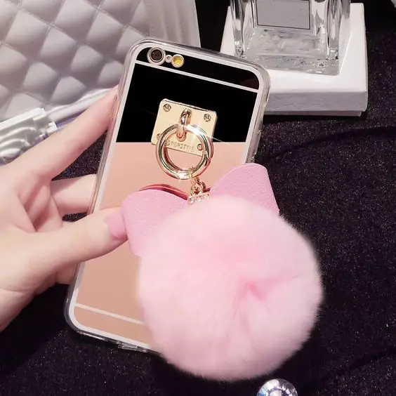 Luxury Plating Bowknot Ring Cover Fashion Mirror Diamond Fluffy Ball Phone Cases For iPhone 5 5S 6 6S 6Plus 6S Plus Case C351