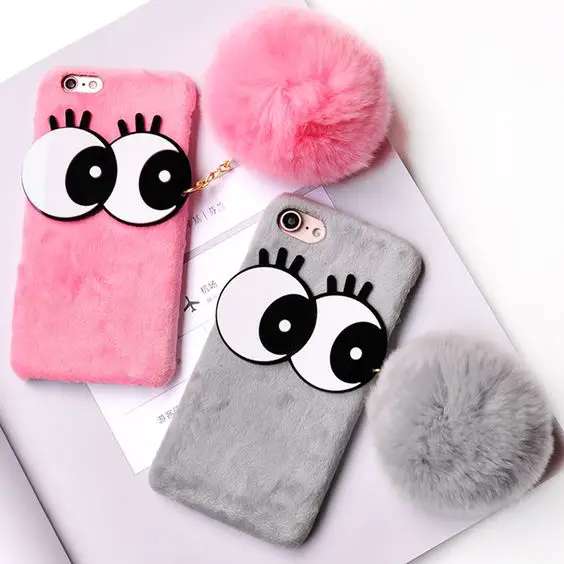 For iPhone 6s Case Cute Big eyes Rabbit Hair Fur Case for iPhone 6 7 Winter Warm Plush Soft Ball Cover for iPhone 6 7 Plus Coque