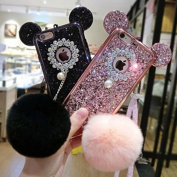 Luxury fashion plating soft tpu Case For iPhone 6 6S 7 Plus 3D Bling Glitter Sequins Mickey ear Mouse rabbit fur ball Back Cover