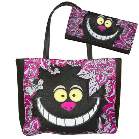 Alice in Wonderland Cheshire Cat Face Paisley Tote Handbag & Wallet SET: 