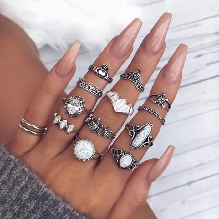 Vintage Carved Turtle Crown Gemstone Finger Ring Set Elegant Opal Carving Flowers Leaf Heart Knuckle Rings Jewelry Gifts 14 Pcs/