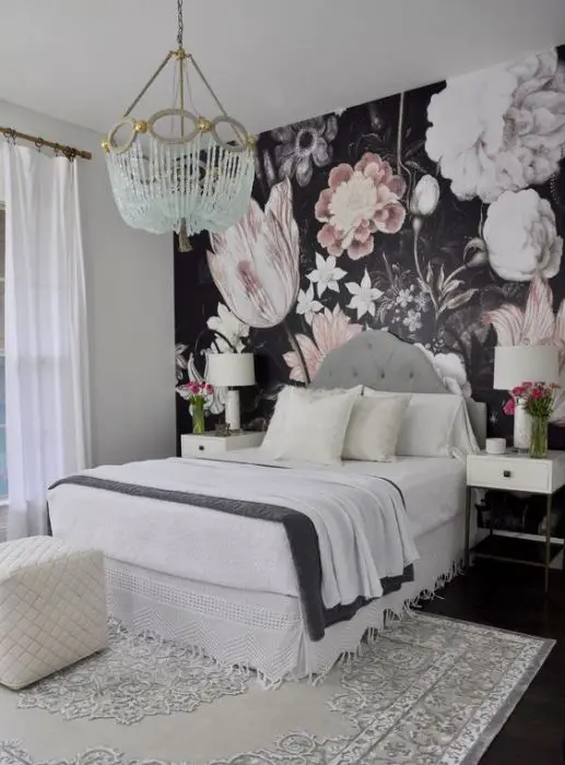 Beautiful guest bedroom with floral wallpaper