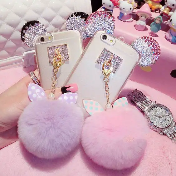 Cute Mouse Ear Bling Rabbit Fur Ball Diamond Crystal Phone Case Cover For Iphone