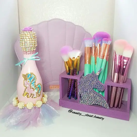 Setting up the glam room how cute does our Limited edition Unicorn Brush Holder looks next to @champagnebisou??