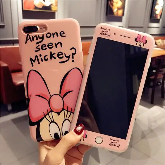 For iphone 7 7plus Cartoon Mickey phone Cases Cover + Tempered Glass Screen Protector Case for Apple iPhone 6 6s Plus 8 8plus X