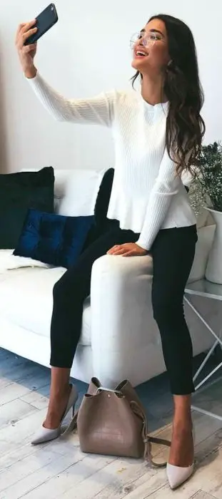 #spring #outfits White 'Easy Update Knit Top' Black Skinny 'Best Foot Forward Pants' 