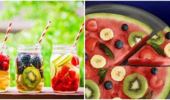 Pizza de sandía y bebida de frutas, deliciosas y saludables
