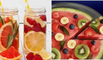 Pizza de sandía y bebida de frutas, deliciosas y saludables